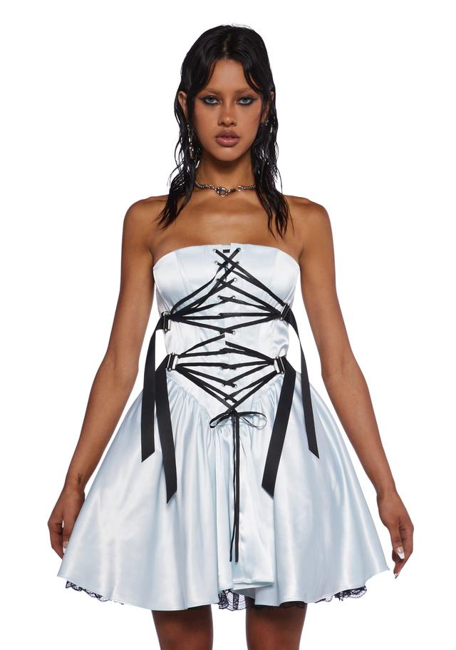 Sugar Thrillz Sateen Lace Up Corset Mini Dress With Back Zip Pastel Goth - Blue Product Image