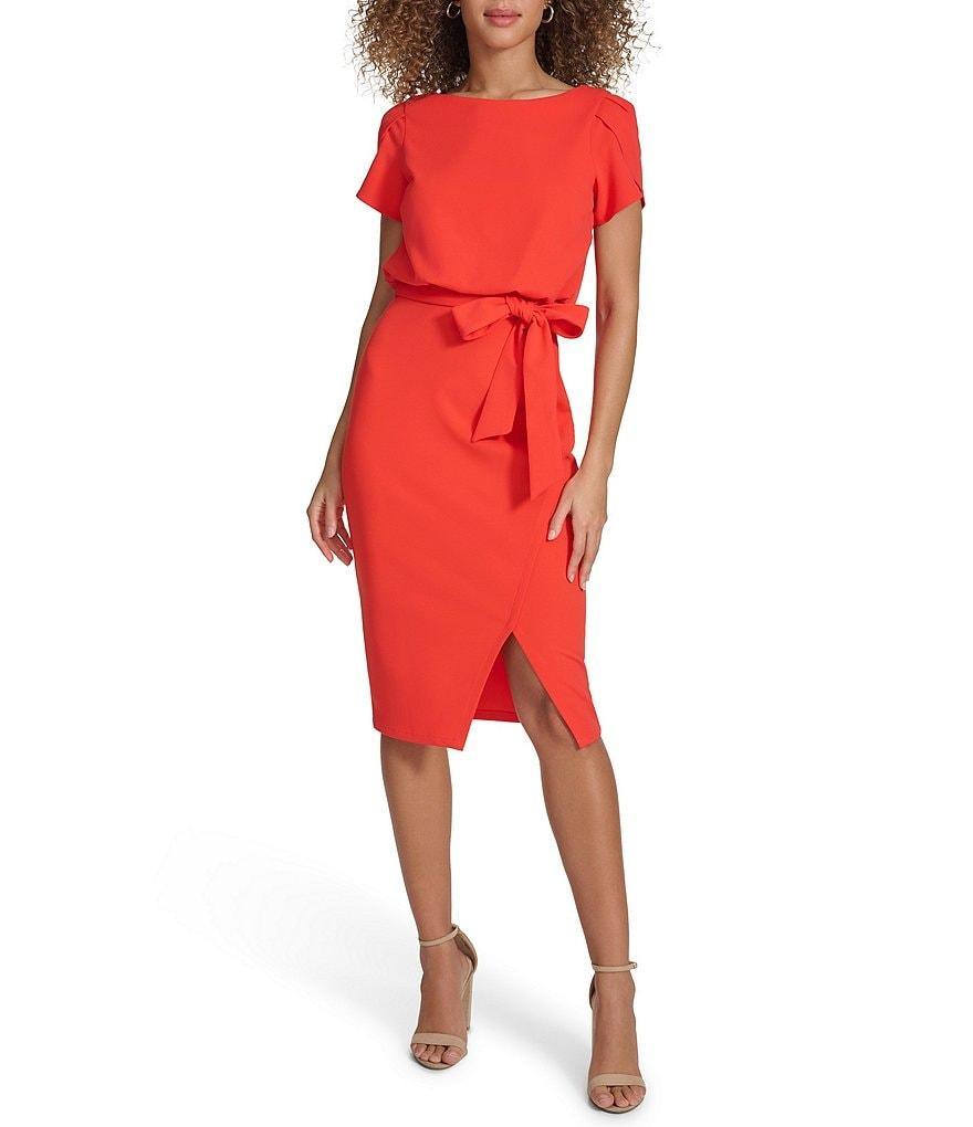 Kensie Scuba Crepe Boat Neck Short Sleeve Tie Waist Wrap Blouson Midi Dress Product Image