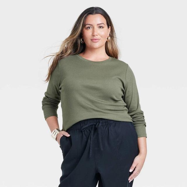 Womens Long Sleeve Ribbed T-Shirt - A New Day Olive 1X Product Image