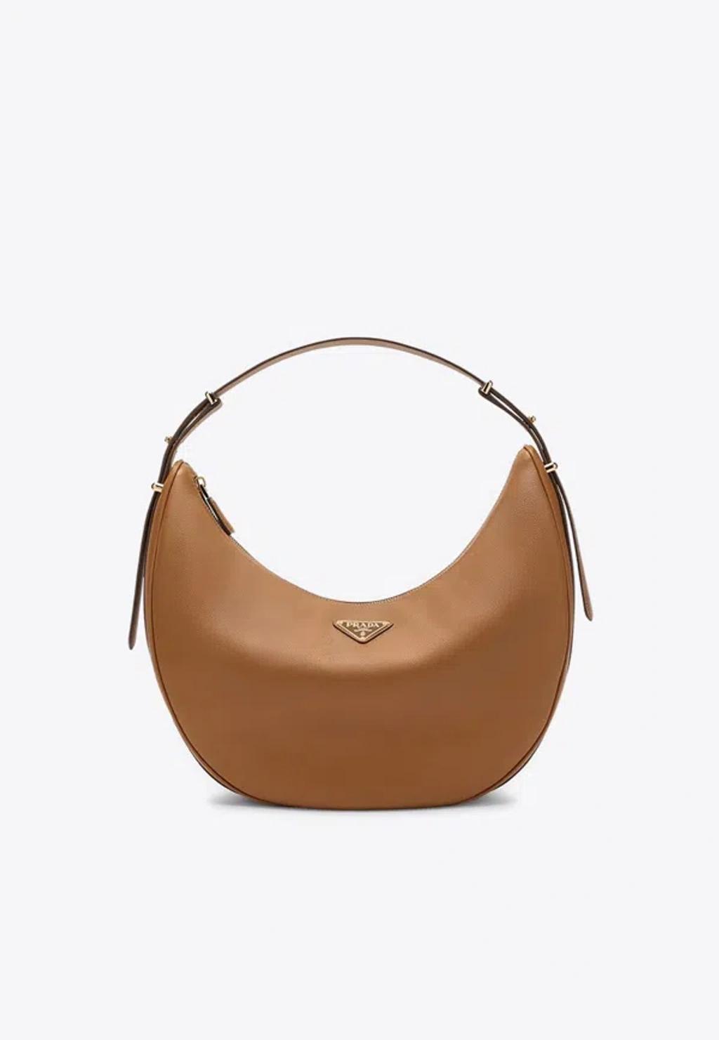 PRADA Large Arqué Leather Hobo Bag In Brown product image