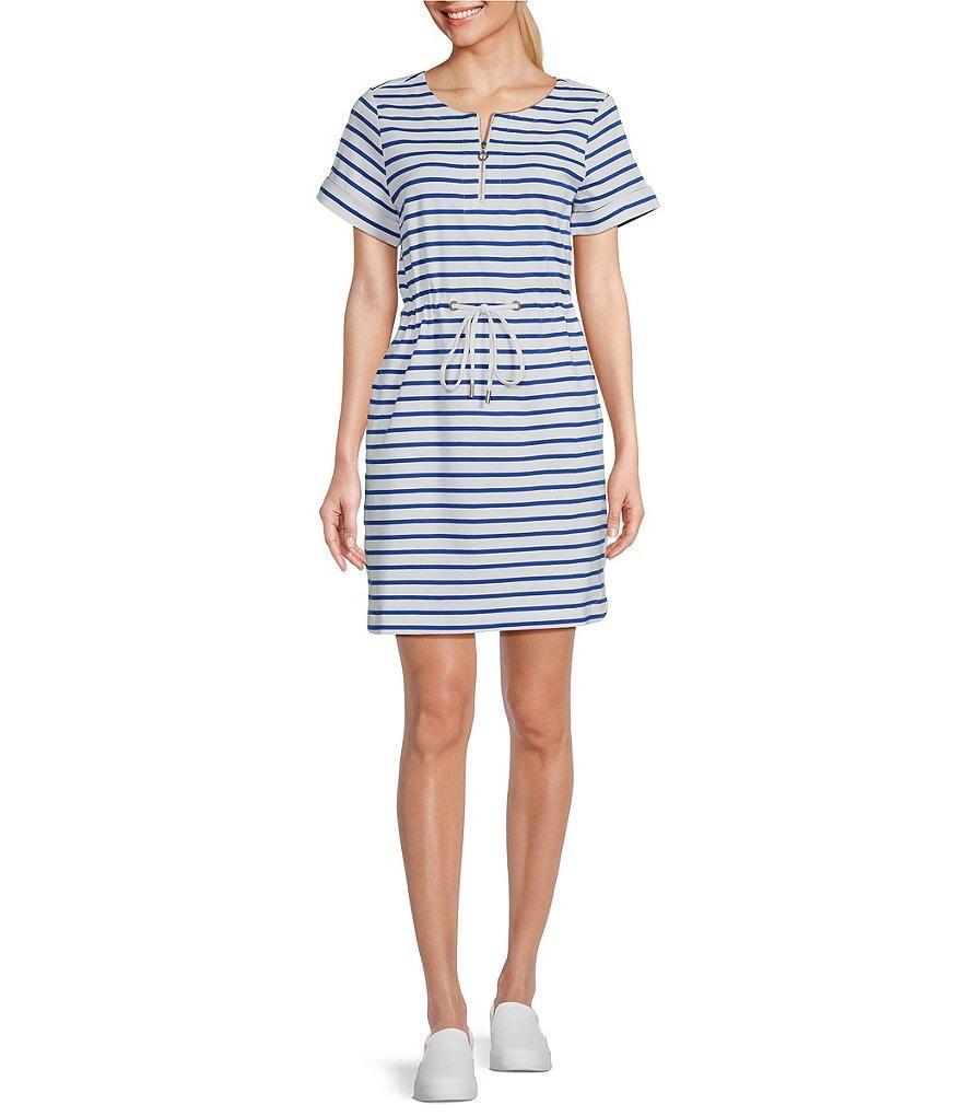 Tommy Bahama Stripe Crew Neck Zip Front Short Sleeve Dress Product Image