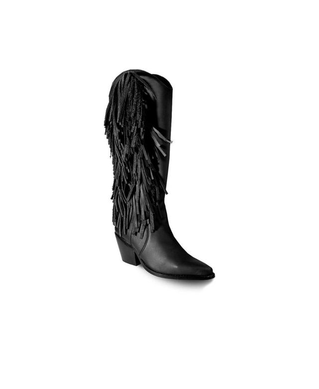 Womens Knee-High Black Premium Leather Boots With Side Fringe, Ely By Bala Di Gala Product Image