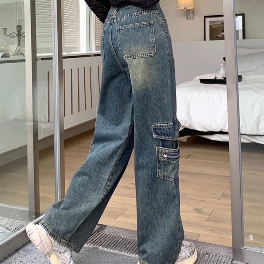 Mid Waist Washed Wide Leg Cargo Jeans Product Image