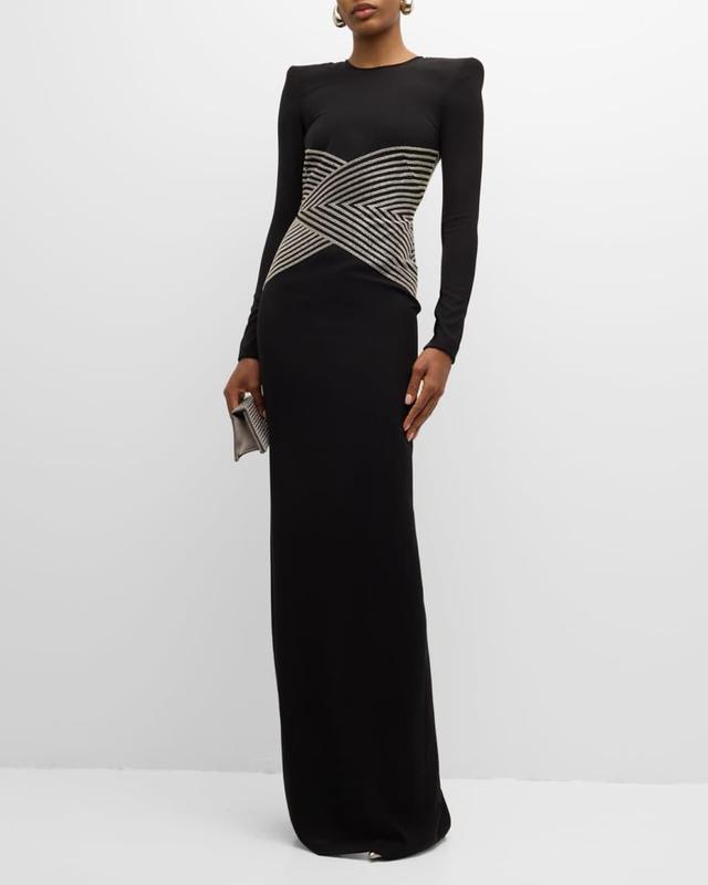 Beaded-Waist Long-Sleeve Crepe Gown Product Image