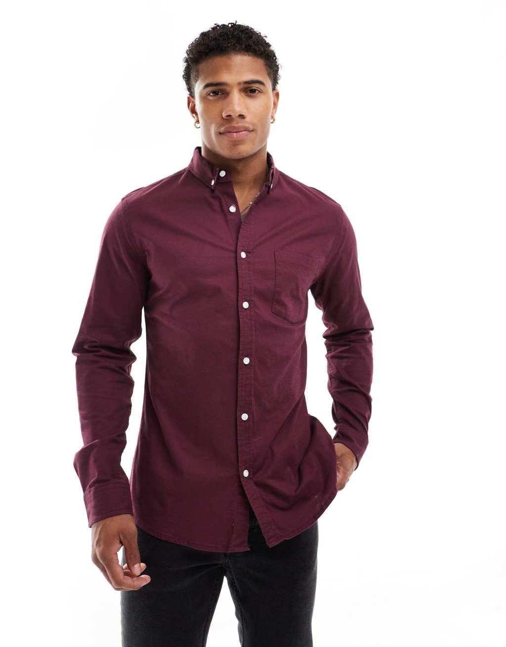 ASOS DESIGN slim oxford shirt in burgundy Product Image