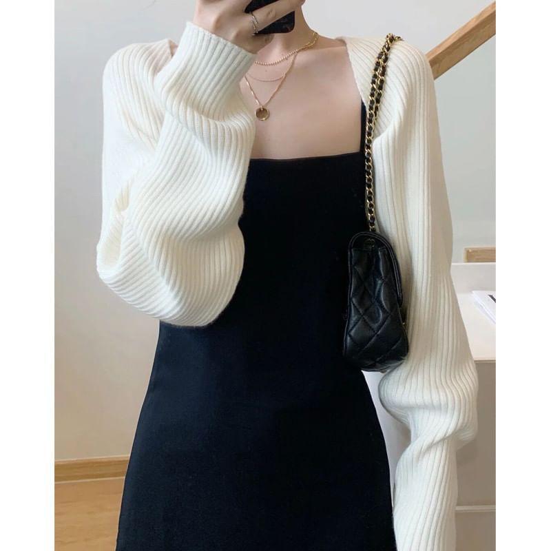 Plain Ribbed Bolero Cardigan Product Image