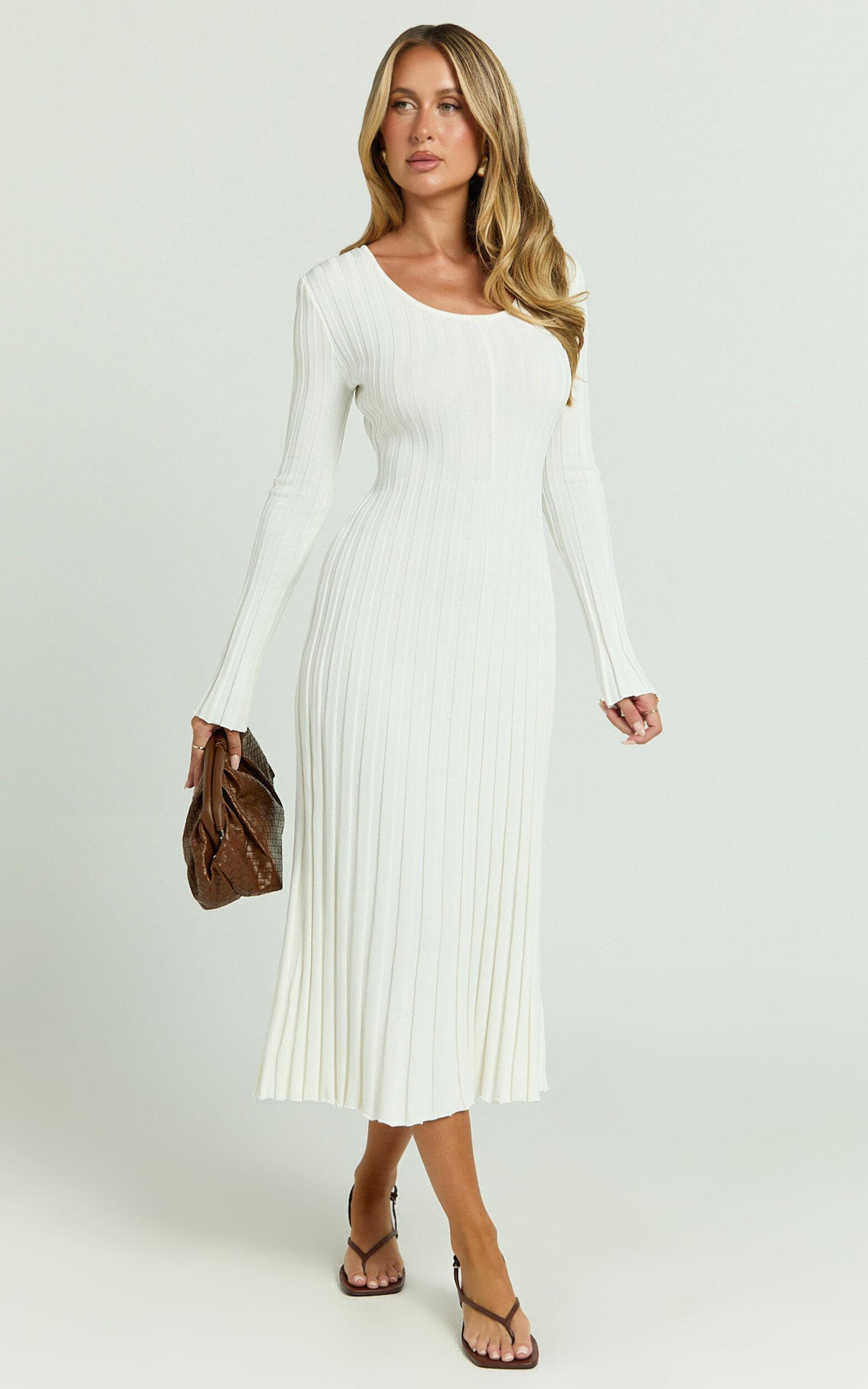 Blaire Midi Dress - Long Sleeve Tie Back Flare Dress in Ivory Product Image