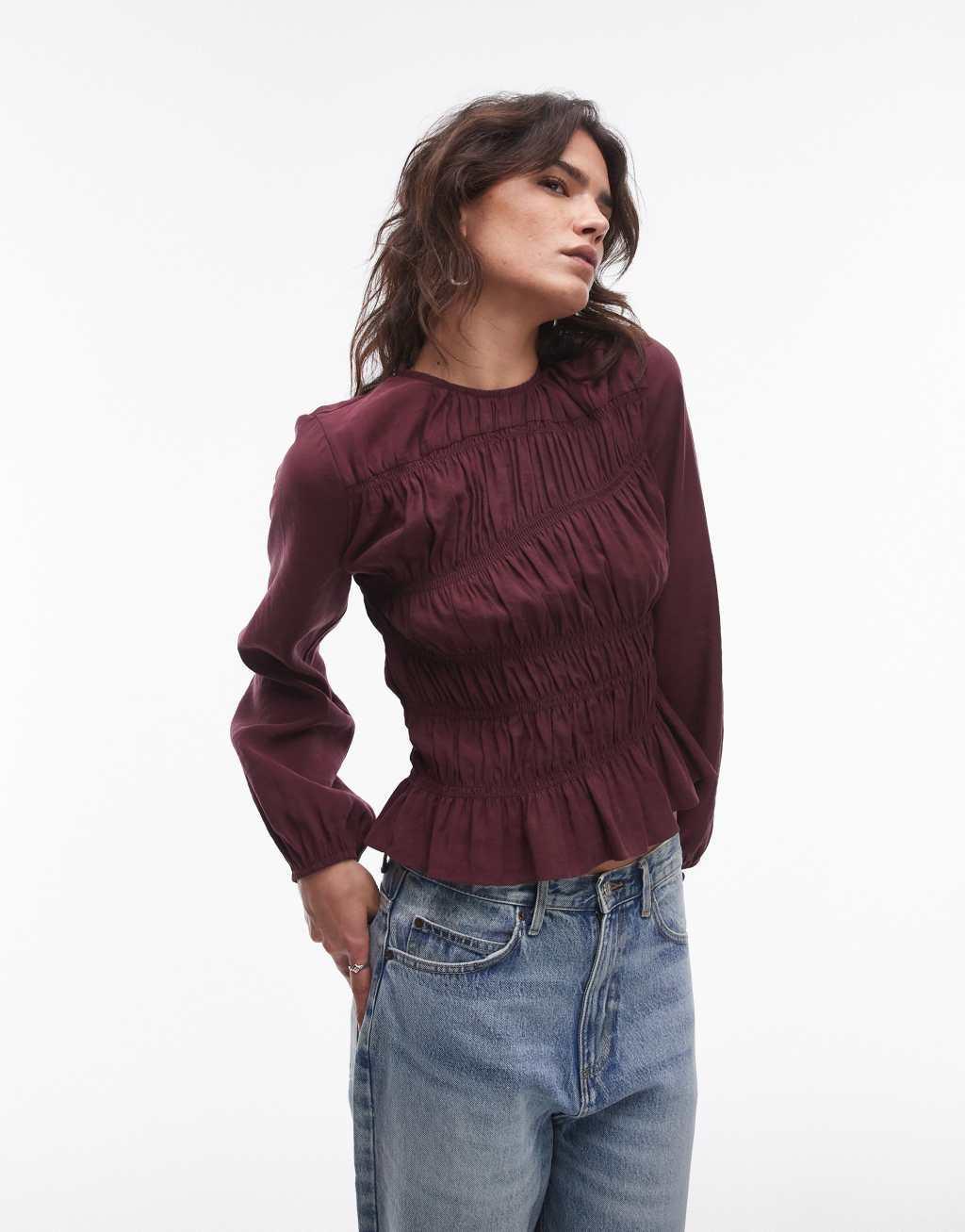 Topshop asymmetric shirred top in burgundy Product Image