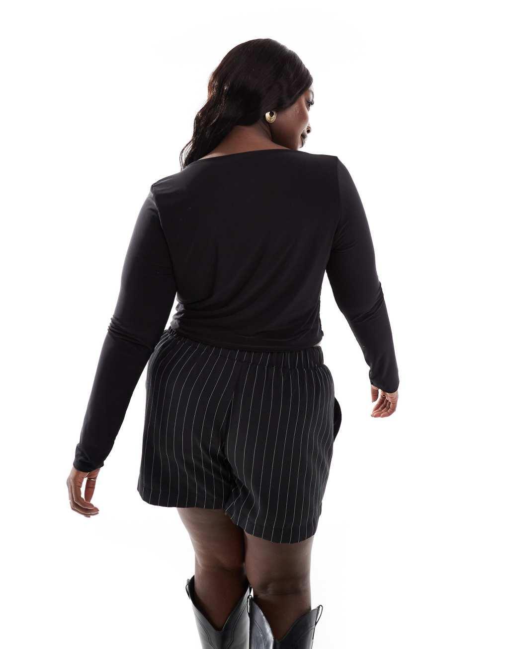 Kaiia Plus soft touch ruched detail long sleeve top in black Product Image