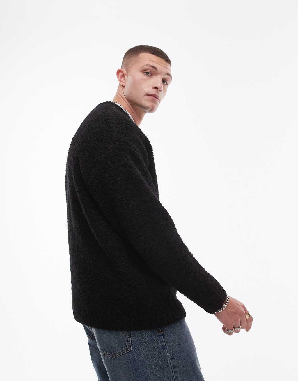 Topman relaxed fit boucle sweater in black Product Image