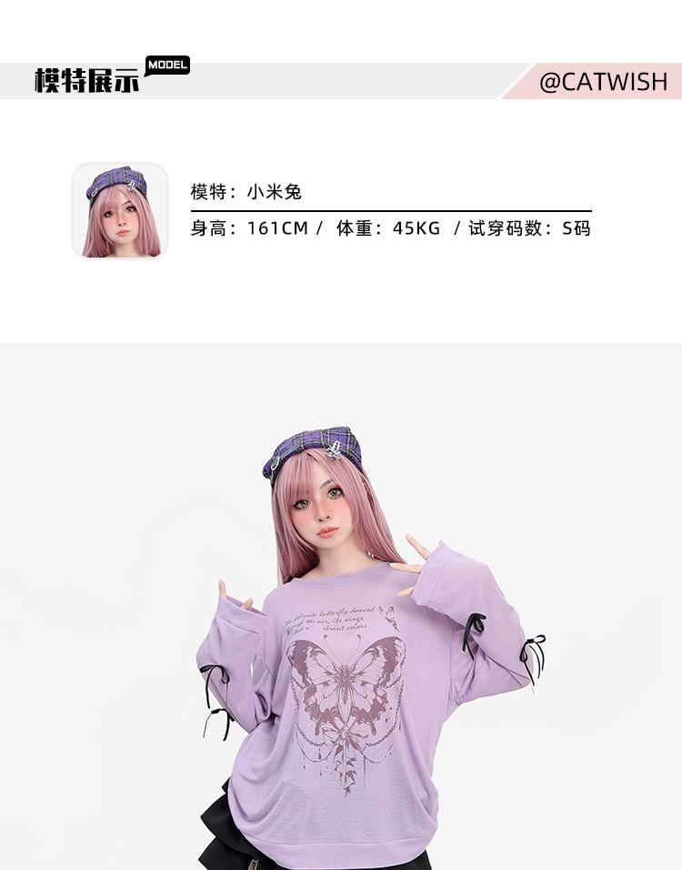 Long-Sleeve Round Neck Butterfly Print Bow Accent T-Shirt Product Image