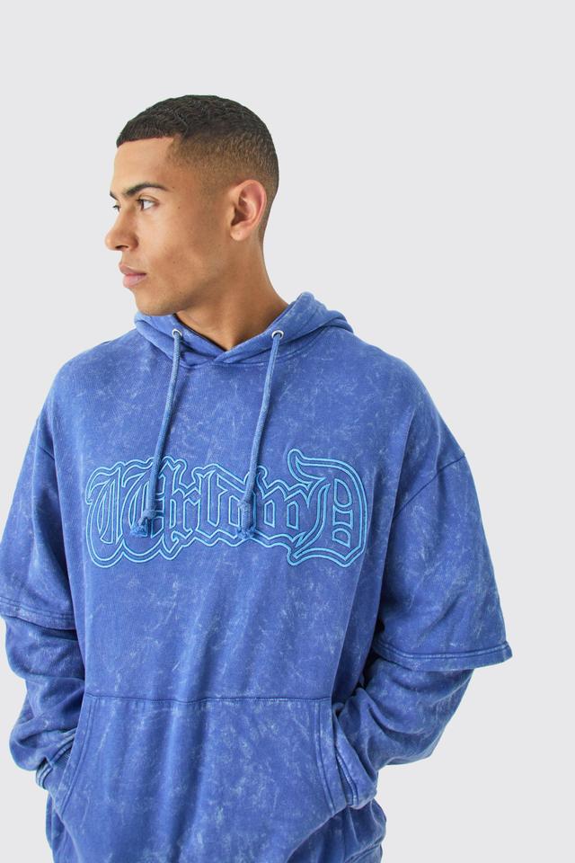 Mens Blue Oversized Faux Layer Acid Wash Embroidered Hoodie, Blue Product Image