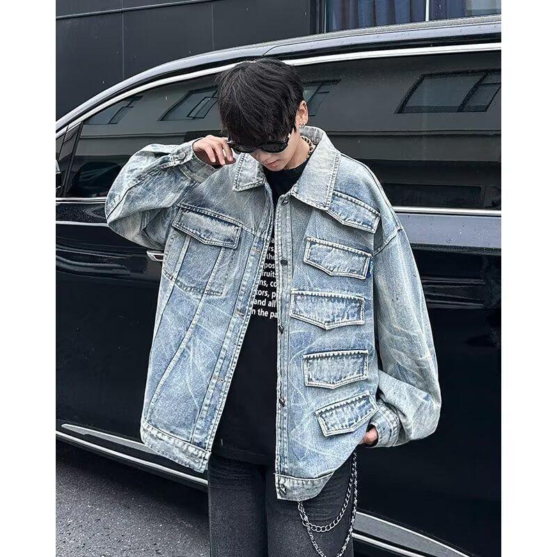 Collared Washed Button-Up Denim Jacket Product Image