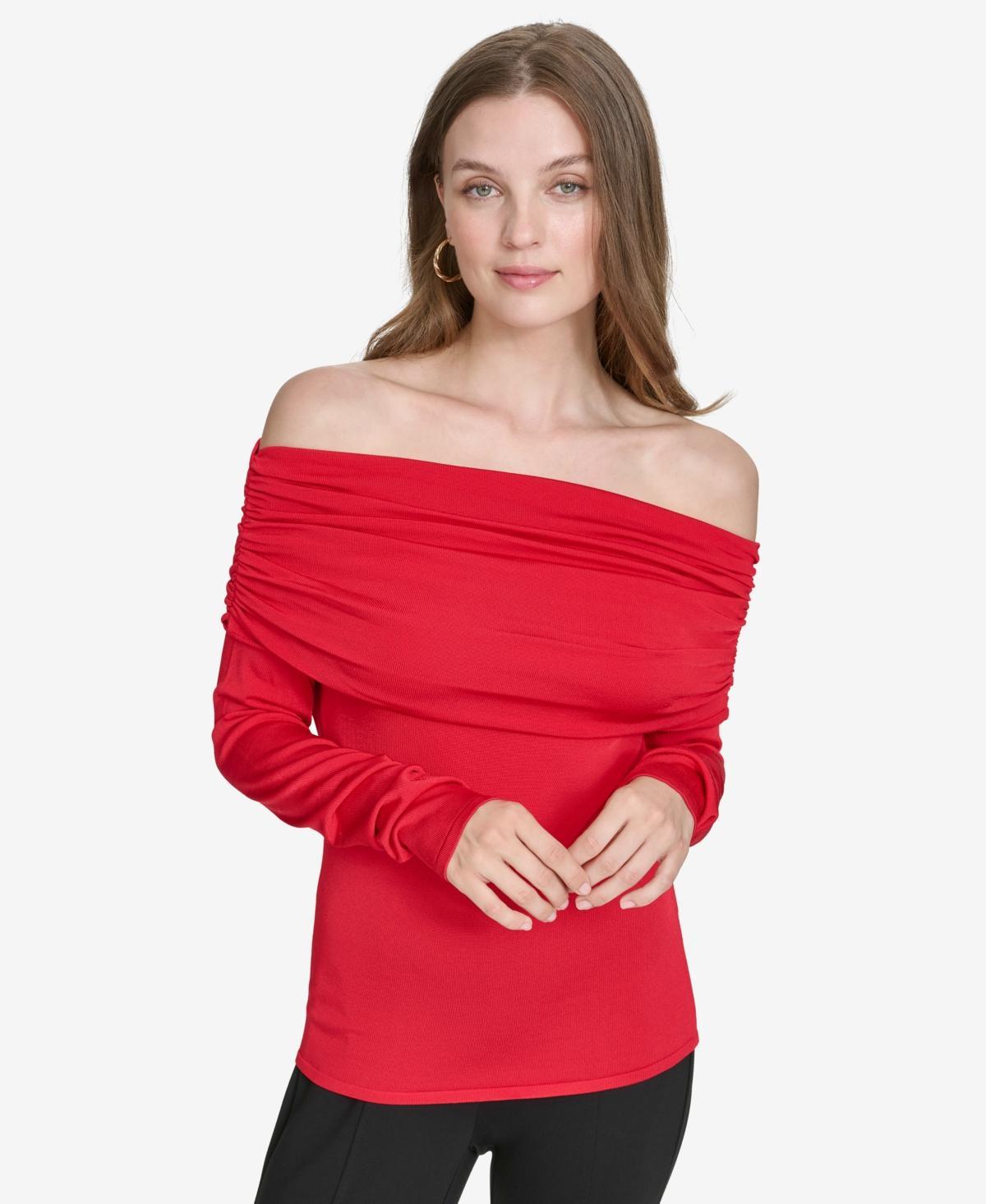 Halston Womens Ruched Off-The-Shoulder Long-Sleeve Top Product Image