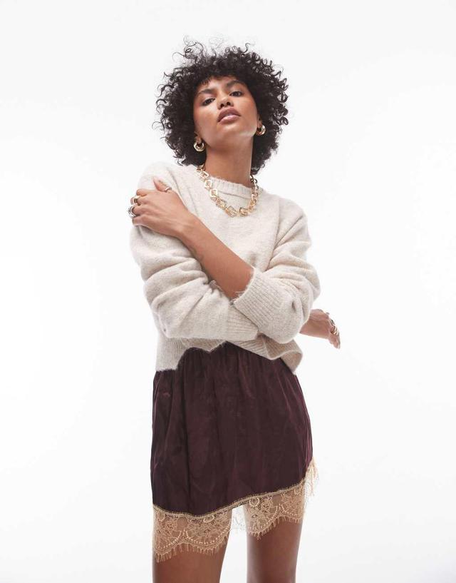 Topshop knit crew with raglan and exposed seam sweater in stone Product Image