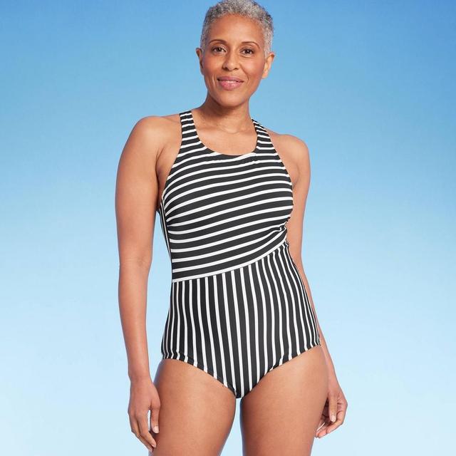 Lands End Womens UPF 50 Full Coverage Striped High Neck Tugless One Piece Swimsuit XS Product Image