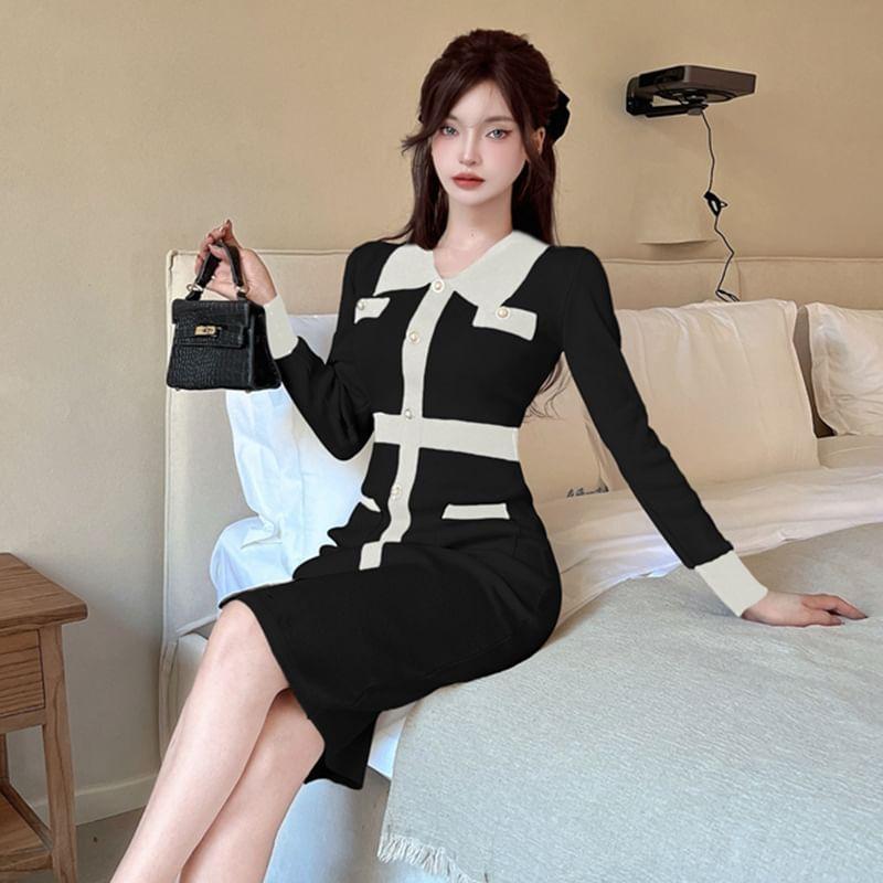 Long-Sleeve Collared Two Tone Knit Midi Sheath Dress Product Image