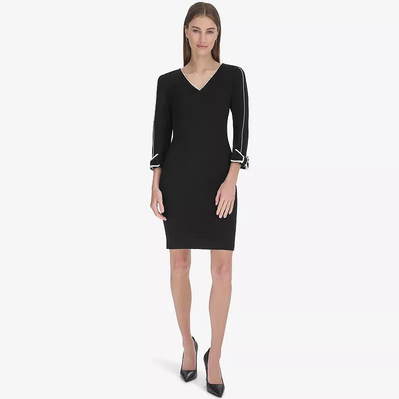 Womens Andrew Marc Rolled Long Sleeve V-Neck Sheath Dress Red Black Product Image