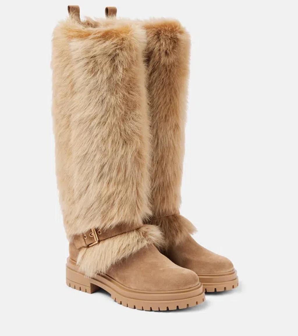 Shearling-trimmed Suede Knee-high Boots In Beige product image