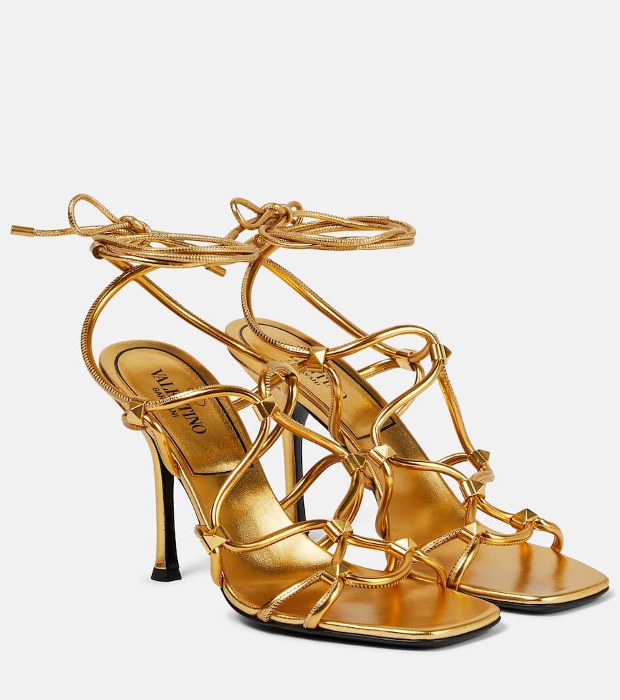 Studded Net Heel Sandals In Gold Product Image