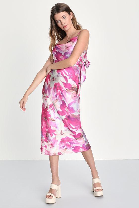 Sophisticated Sense Pink Floral Tie-Back Slip Midi Dress product image