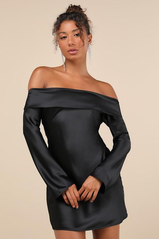 Luxurious Vision Black Satin Off-the-Shoulder Mini Dress Product Image