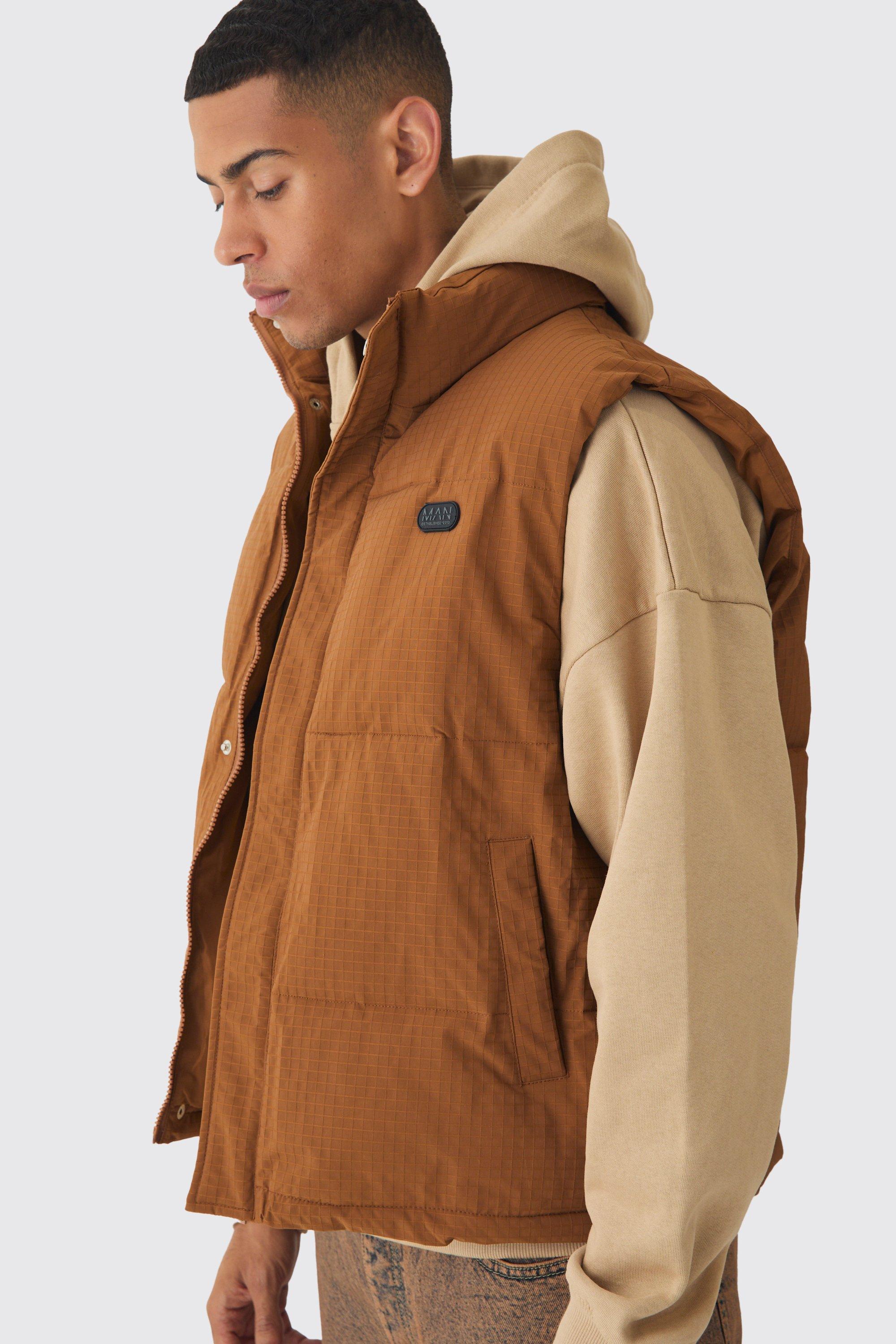 Man Tab Ripstop Funnel Neck Puffer Vest In Tan | boohooMAN USA Product Image