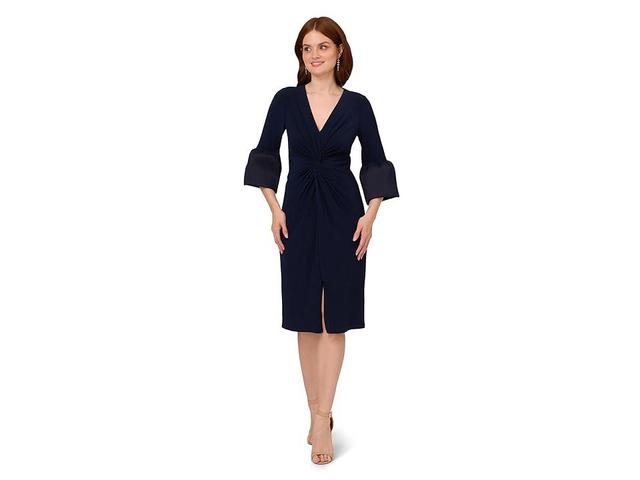 Adrianna Papell Stretch Jersey Twist Front Dress with Taffetta Bell Sleeve (Midnight) Women's Dress Product Image