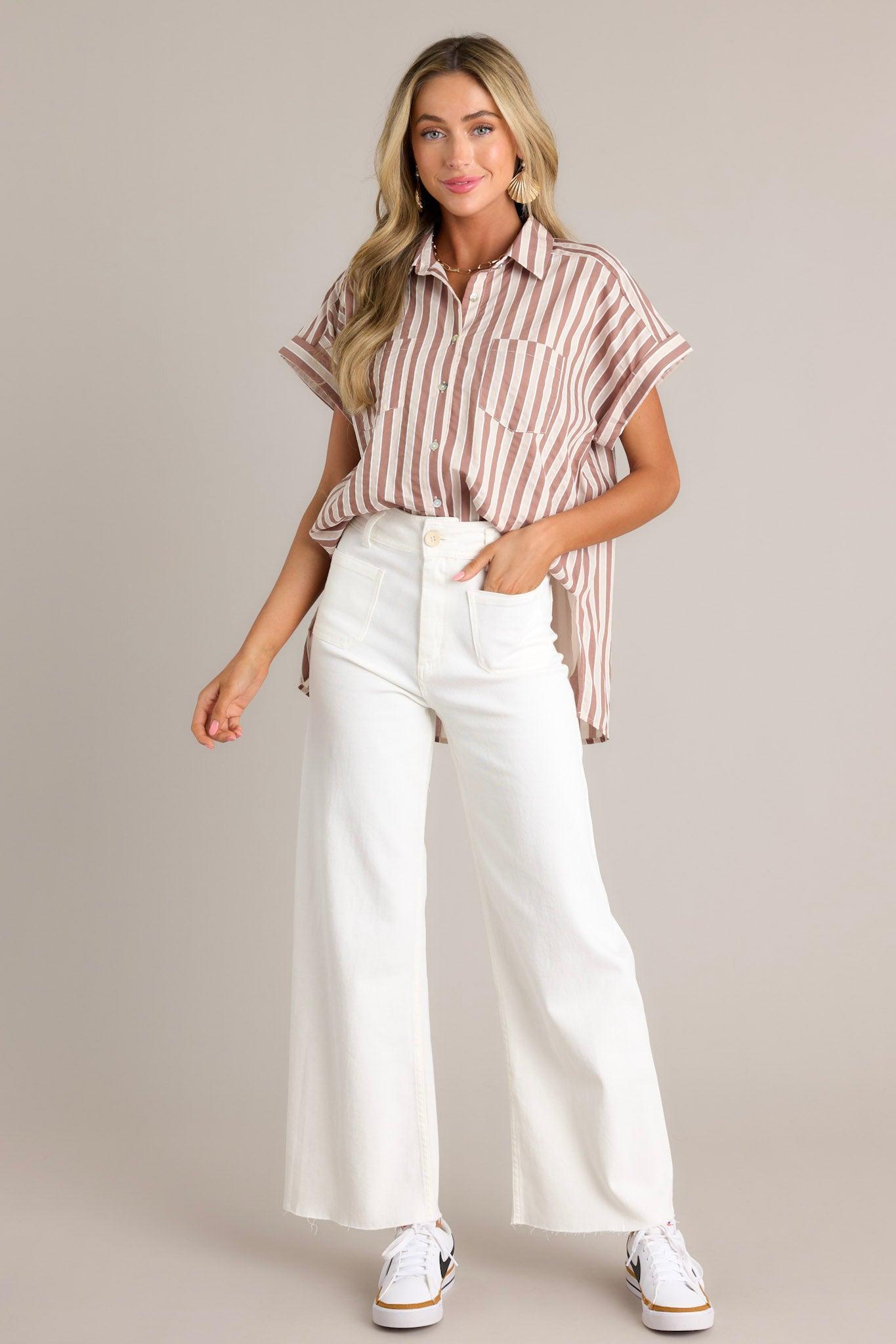 Timeless Choice Tan Stripe Button Front Top Product Image