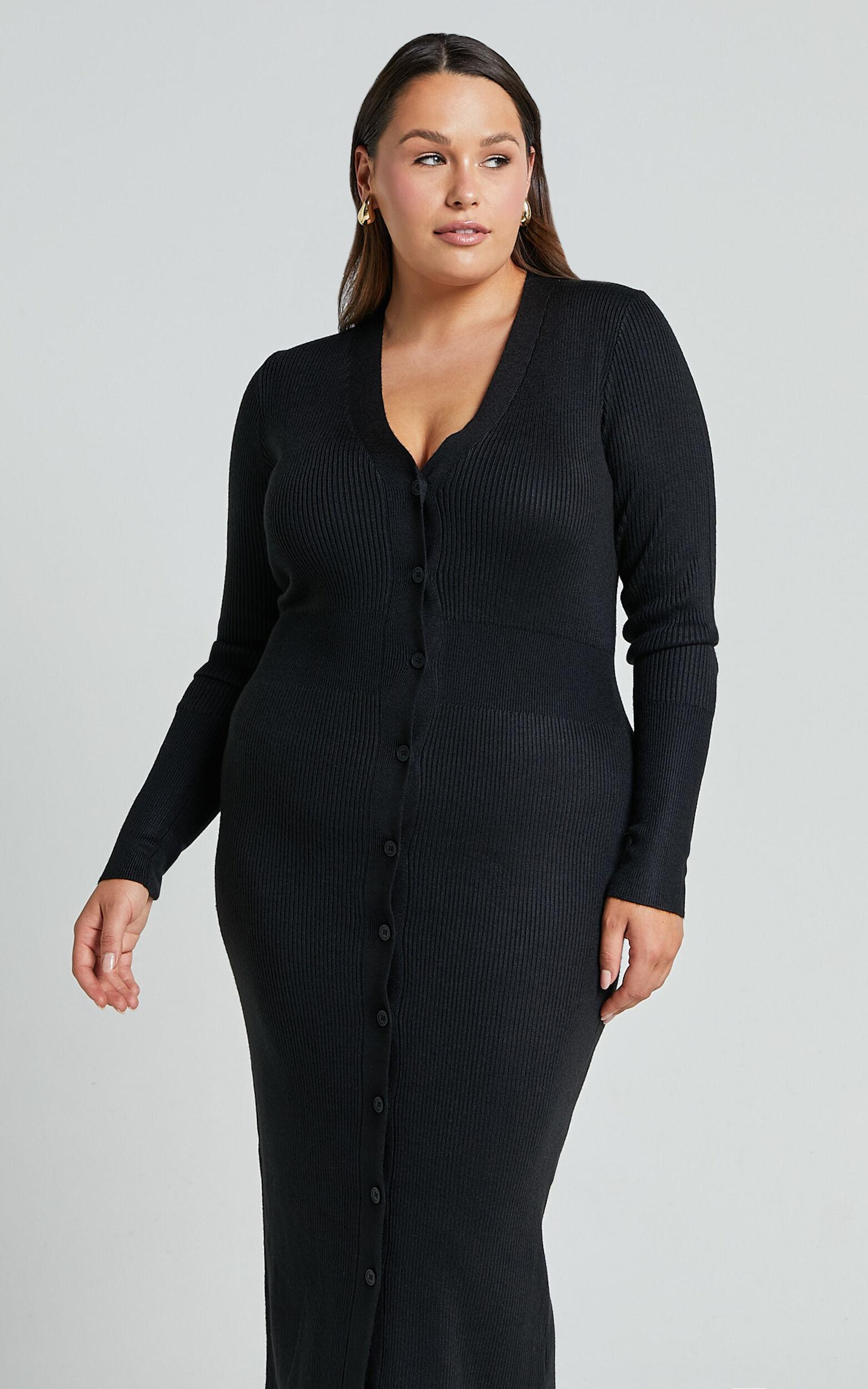 Leahanna Midi Dress - Button Front Knit Dress in Black Product Image