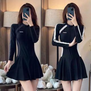 Crew Neck Two Tone Panel Zip Swimdress Product Image