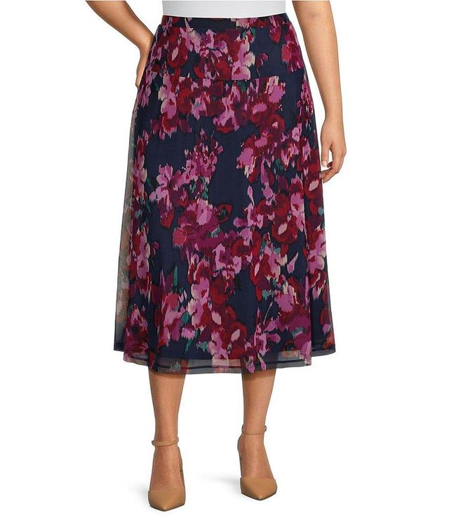 Investments Plus Size Soft Separates Mesh A-Line Drop Waist Pull-On Marble Print Coordinating Midi Skirt Product Image