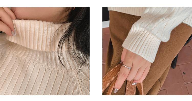 Turtleneck Plain Slit Ribbed Sweater Product Image