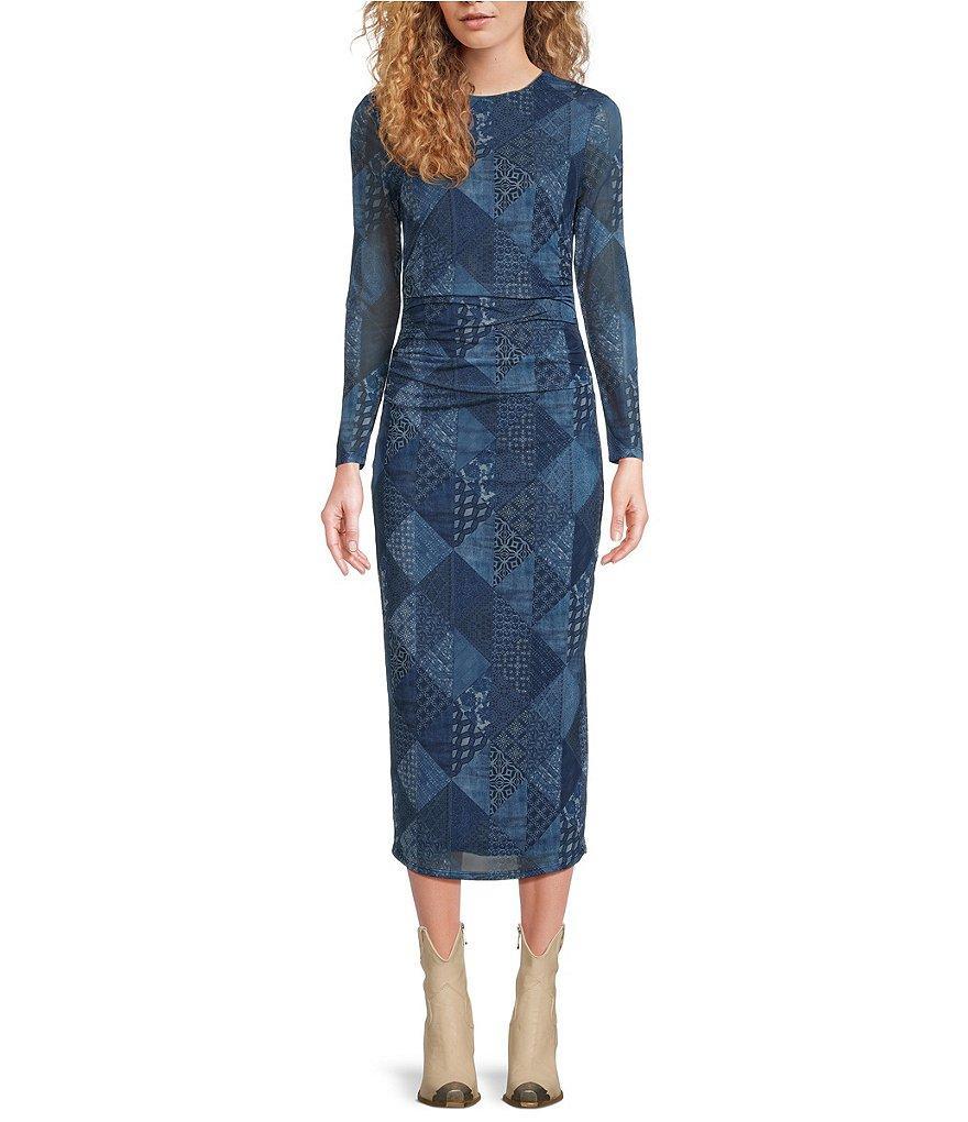 Reba Mesh Patchwork Graphic Print Crew Neck Long Sleeve Ruched Bodycon Midi Dress Product Image