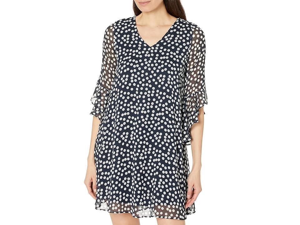 Calvin Klein Chiffon Print Bell Sleeve Dress (Indigo Cream) Women's Dress Product Image