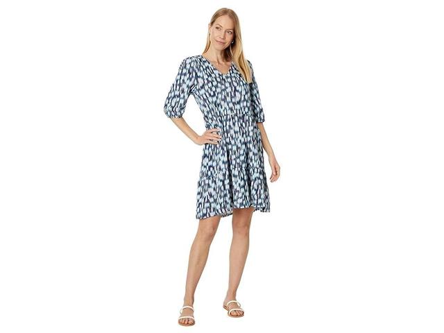 NIC+ZOE Hazy Blues Elbow Sleeve V-Neck Dress Multi) Women's Dress Product Image