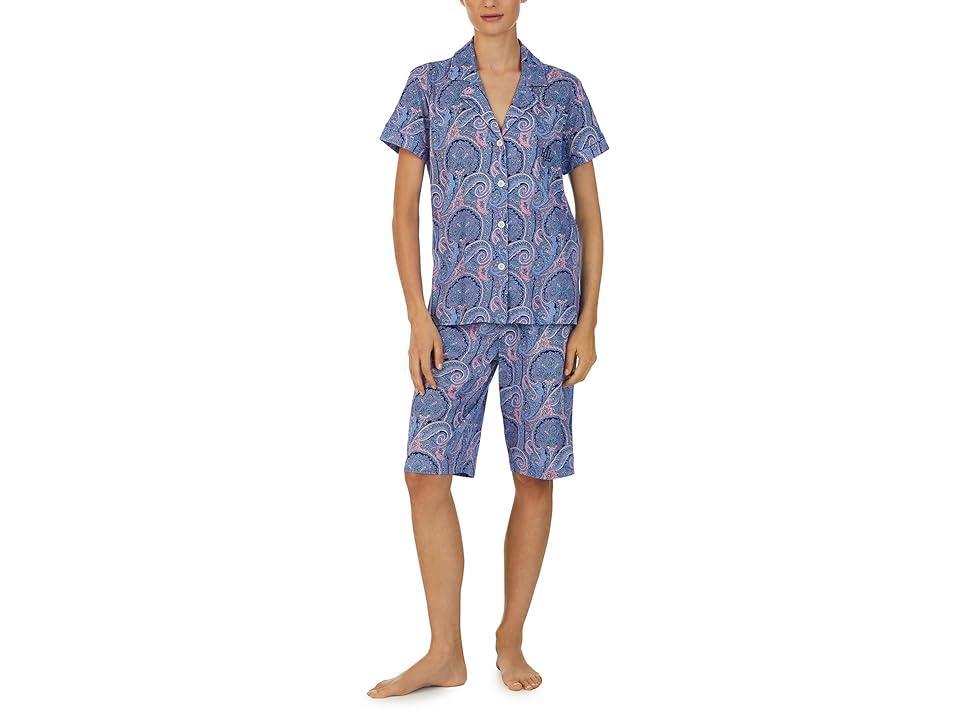 LAUREN Ralph Lauren Short Sleeve Knit Bermuda PJ Set (Blue Paisley) Women's Pajama Sets Product Image