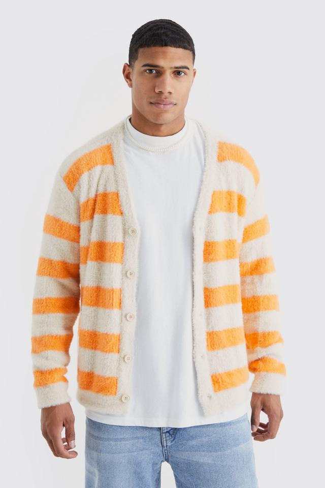 Oversized Stripe Fluffy Cardigan | boohooMAN USA Product Image