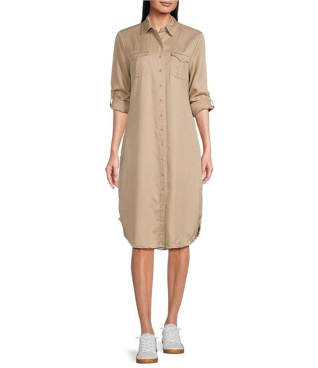 Reba Annie Point Collar 3/4 Roll-Tab Sleeve Button Front Frayed Hem Shirt Dress Product Image