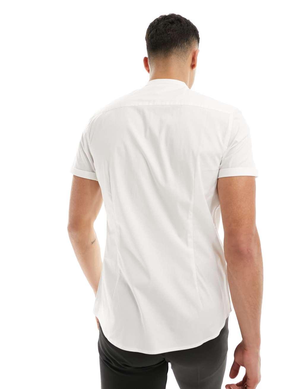 ASOS DESIGN slim fit grandad collar shirt with roll sleeves in white Product Image