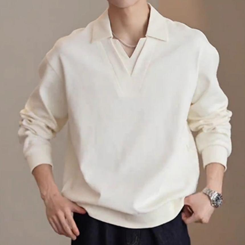 Mock Two-Piece Plain Polo Sweatshirt Product Image