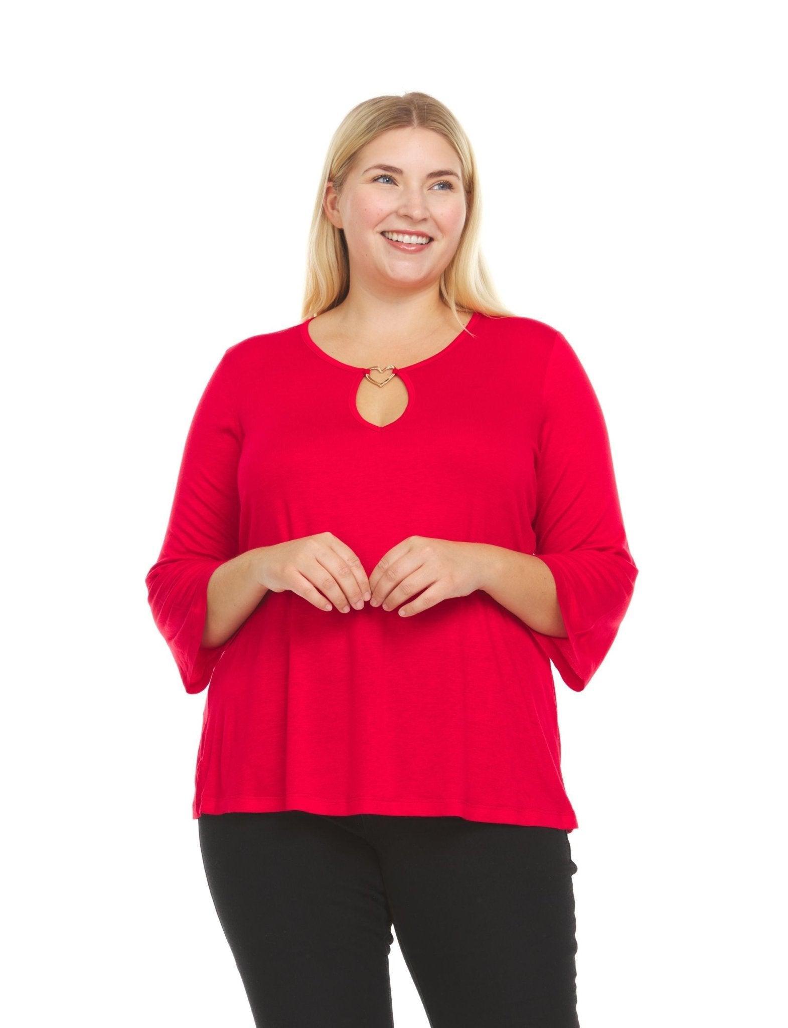 3/4 Sleeve Tunic With Metal Heart Design Detail At Keyhole Neckline - Plus Product Image