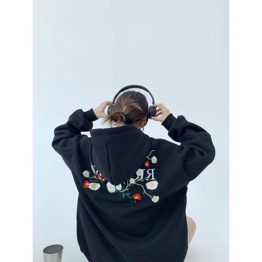 Floral Embroidered Drawstring Hoodie Product Image