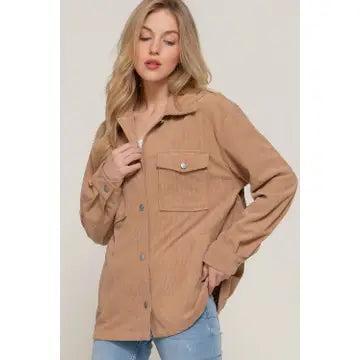 Women's Khaki Long Sleeve Front Pocket Button Down Corduroy Jacket Female Product Image