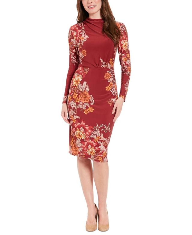 London Times Womens Mock-Turtleneck Floral Sheath Dress - Rust Product Image