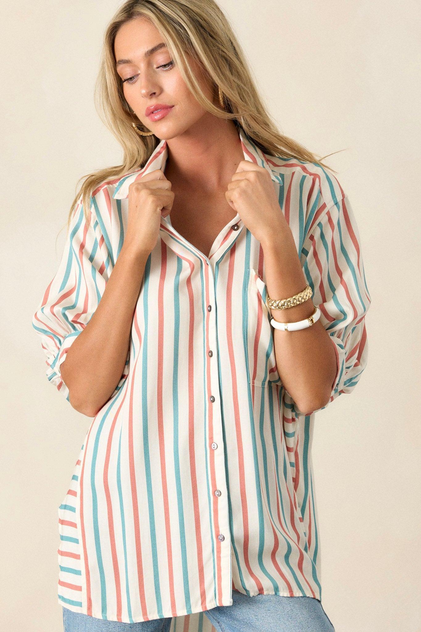 Dream Weaver Ivory Button Front Stripe Collared Shirt Product Image