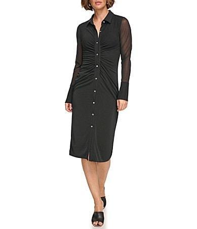 Dkny Womens Collared Mesh-Sleeve Button-Up Shirtdress Product Image