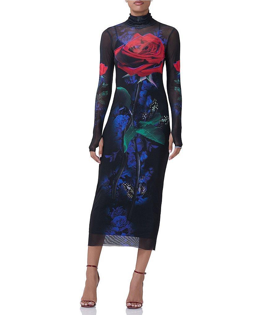 AFRM Shailene Printed Mesh Turtleneck Long Sleeve Midi Dress Product Image