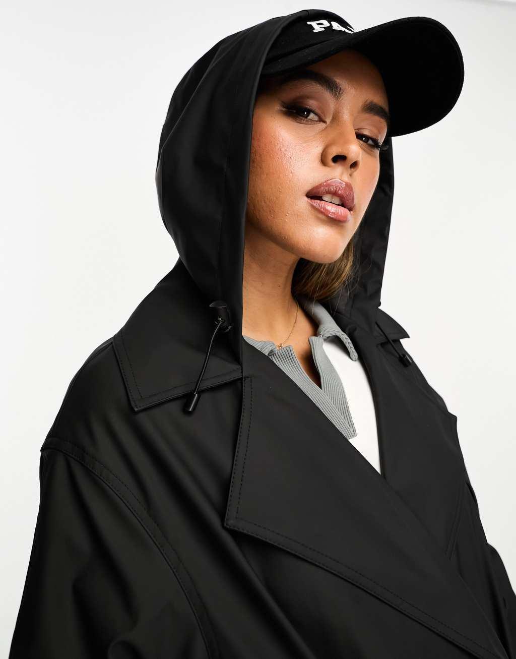 ASOS DESIGN oversized rubberized rain hooded trench with belt detail Product Image