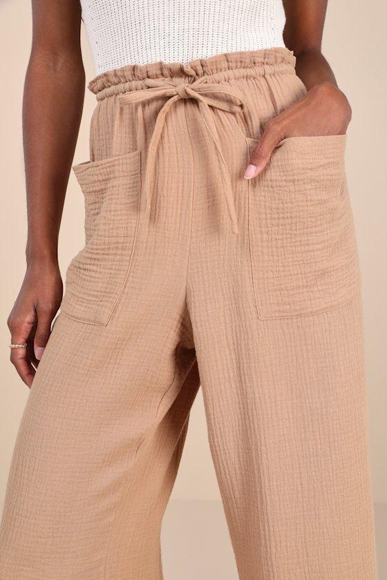 Relaxed Poise Tan Cotton Textured Drawstring Wide-Leg Pants Product Image